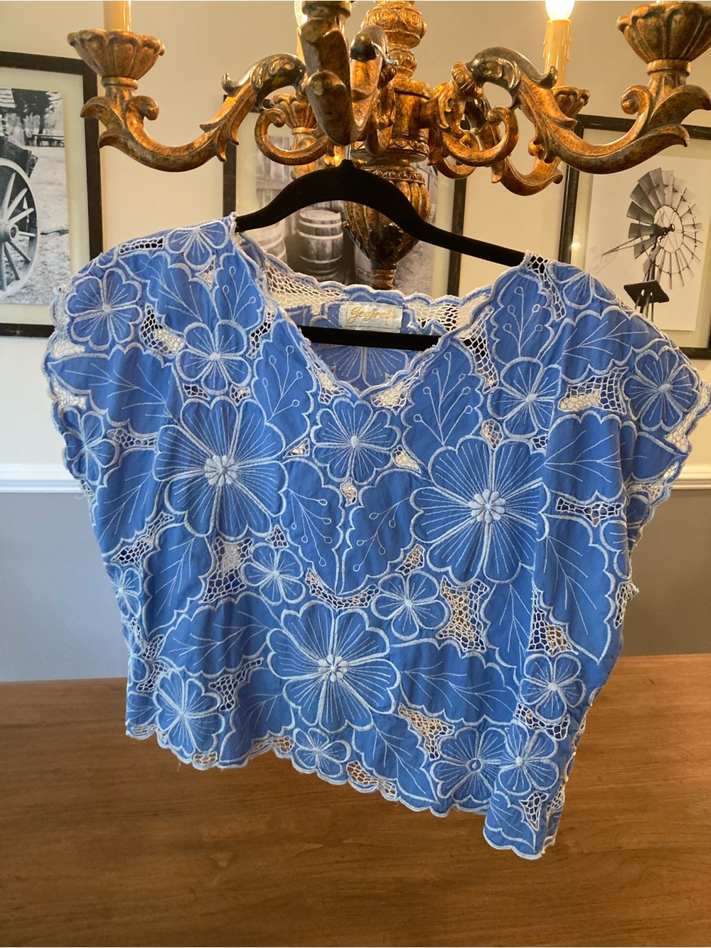 Blue Floral Lace-Embroidered V-Neck Blouse 19” length